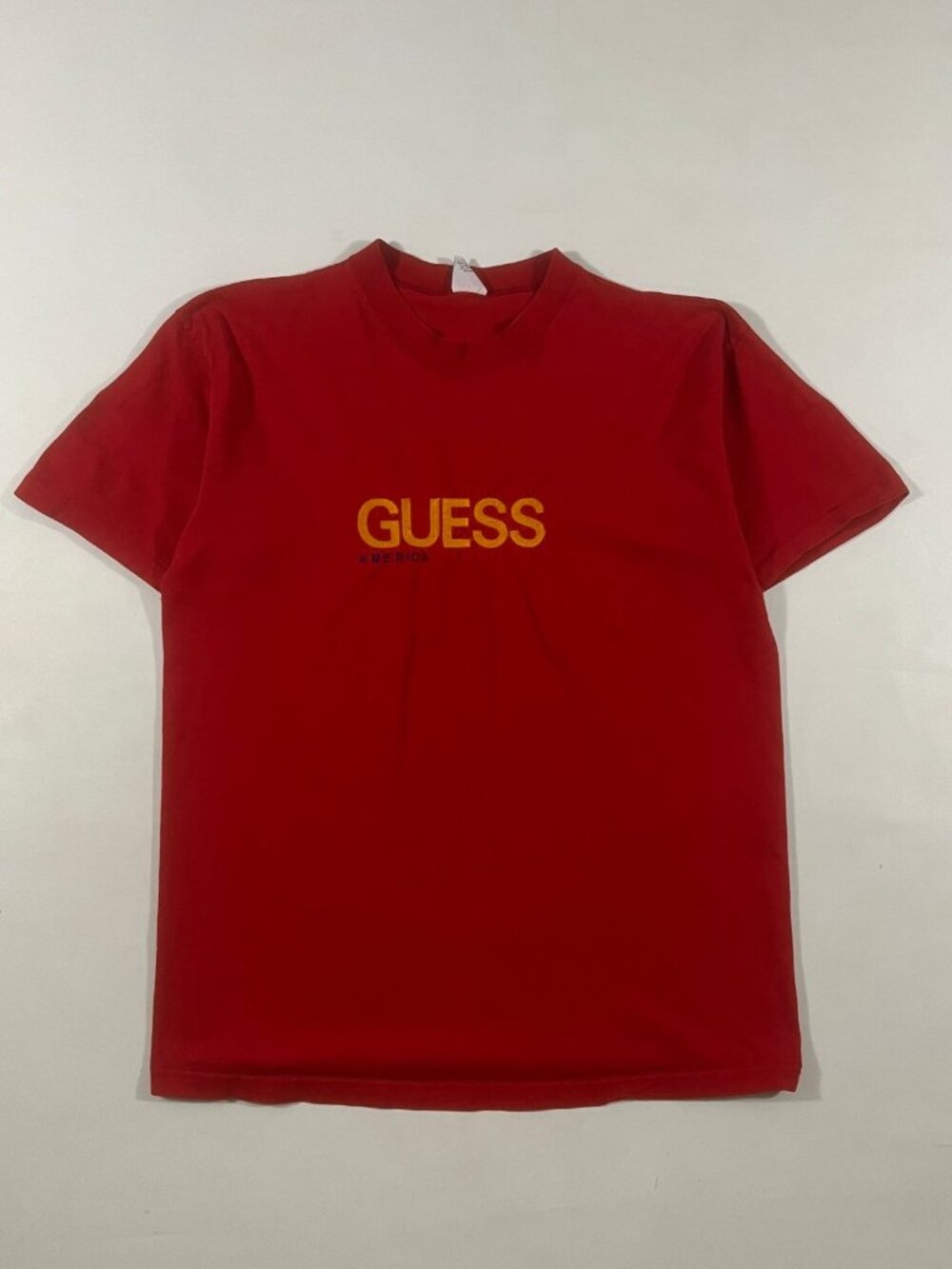Vintage 90s Guess America Georges Marciano Red Embroidered Spellout Mock Neck T…